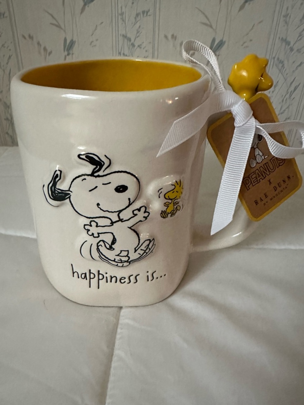 Rae Dunn Snoopy Ceramic Mug with Woodstock Accent